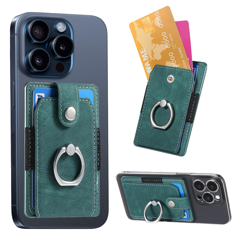 Cell Phone Card Holder with Ring Grip,Adhesive Phone Card Wallet,Green | Holds up to 3 cards;360° ring works as grip and kickstand,Can be used on most phones or phone cases larger than 5.8 inches.
