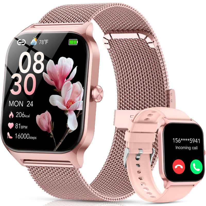 Smart Watch for Women, Answer/Make Call/AI Voice,1.85" HD Smartwatch Compatible for iPhone/Samsung/Android,120+Sport Modes Fitness Tracker with Heart Rate/Sleep Monitor, IP68Waterproof (2 Bands) Rose