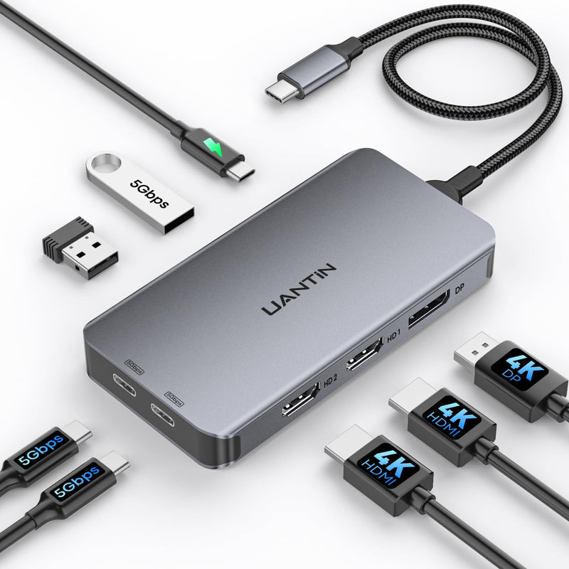 UANTIN Laptop Docking Station 3 Monitors, 8-in-1 USB C Dock with 2 HDMI, DP | USB C Docking Station Dual Monitor with 4K@60Hz HDMI, DisplayPort, USB A & USBC Data, 100W PD, USBC Adapter for Dell,HP
