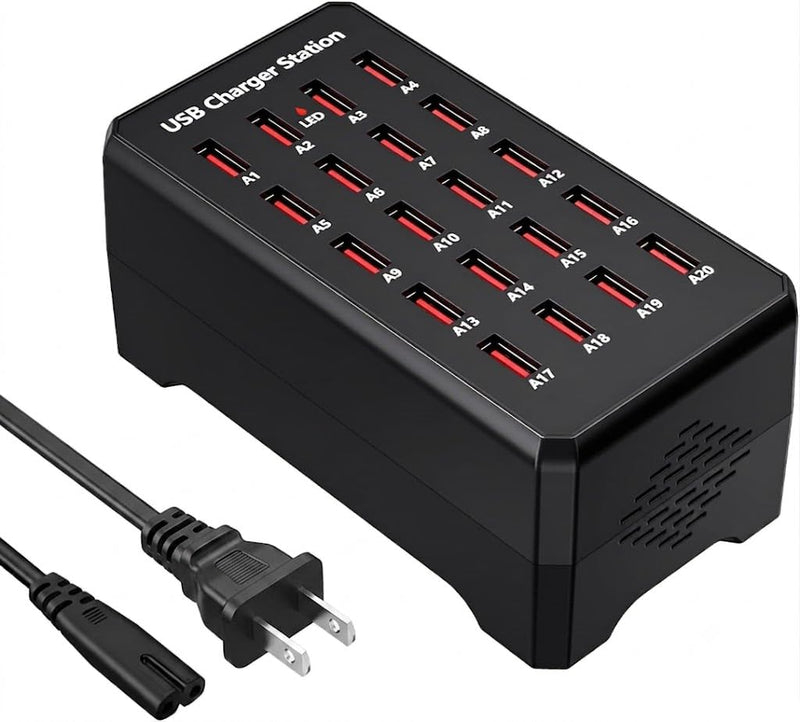 USB Charger, 100W(20A) Desktop USB Charging Station, 20-Port Multi-Function Smart Charger Kompatibel mit iPhone 11/12/13/14/15/16/Galaxy S24/S23/S22/S21/iPad/Tablets/Smartwatches/Headphones