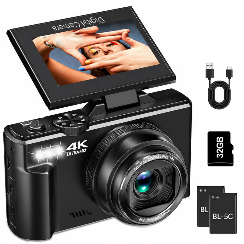 4K Digital Camera for Photography, 64MP Vlogging Camera for YouTube | Point and Shoot Camera with WiFi Sharing, 18X Digital Zoom, 3" 180° Flip Screen, 32GB Micro SD Card & 2 Batteries, Black