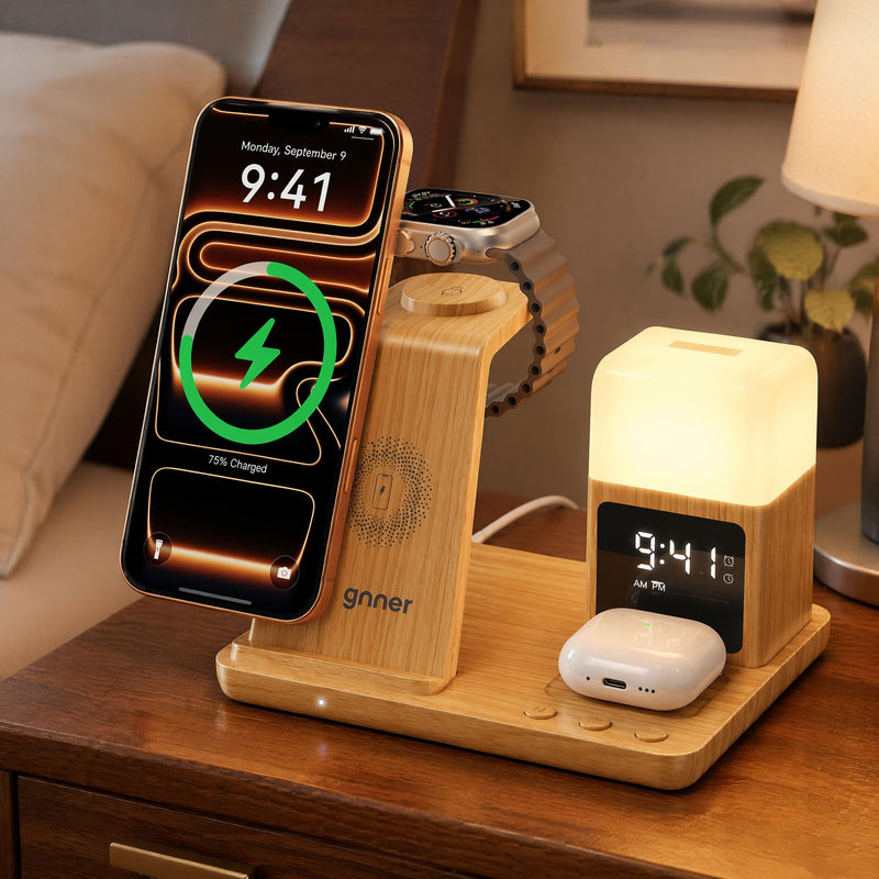 6 in 1 Wireless Charging Station with Clock & Night Light，Alarm Clocks for Bedrooms,Wireless Charger Stand with Beside Clock for iPhone 17/16/15/14/13/12 Pro Max, Apple Watch,Airpods (Wood) Wood