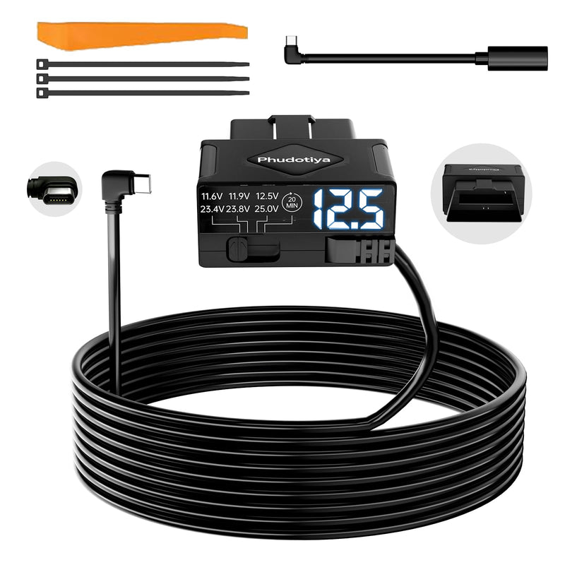 OBD2 to USB-C Power Cable for Dash Camera, OBD Dash Cam Hardwire Kit with Acc Detection, 4-Level Low Volt Protection & LED Voltmeter, Plug & Play OBDII Adapter for 24/7 Parking & Continuous Recording