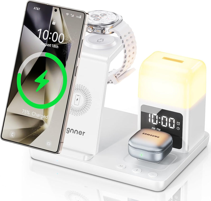 6 in 1 Wireless Charging Station for Samsung Android with Clock & Night Light,Alarm Clocks for Bedrooms,Wireless Charger Beside Clock for Galaxy S26 S25 S24 Ultra Galaxy Watch Buds White