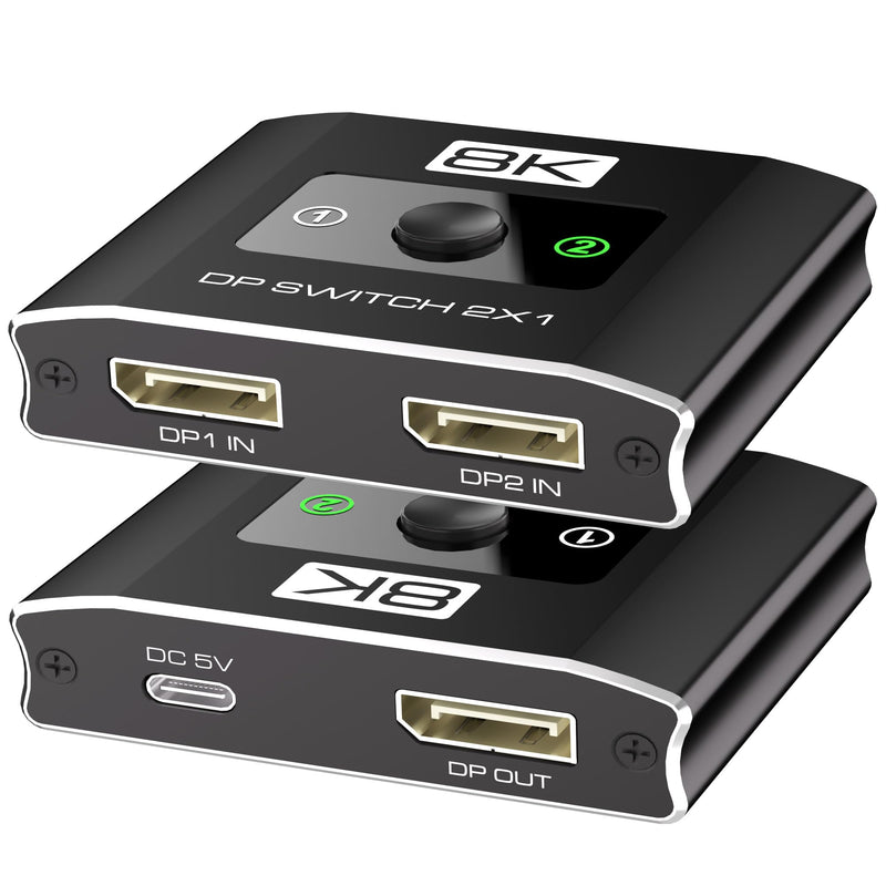 Displayport Switch 2-in-1-out, 8K@60Hz, 4K@120Hz, Resolution DP 1.4 DisplayPort Switcher Selector Box, DSC Support, Display Port Switcher Compatible with Computers, Laptop, Desktop，Monitor，TV