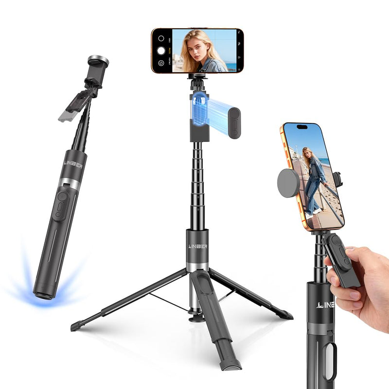 62.9" Selfie Stick Tripod - One-Button Pop-Open Phone Tripod with Remote. | Selfie Stick Tripod Stand | One-Button Instant Open, One-Pull Fold, Portable with Magnetic Remote, iPhone Android Compatible Black