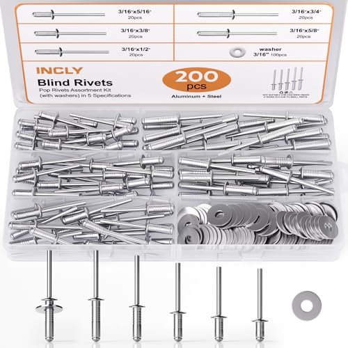 INCLY 200Pcs 3/16 Inches Pop Rivets Assortment Kit with Washers 200Pcs 3/16" Silver