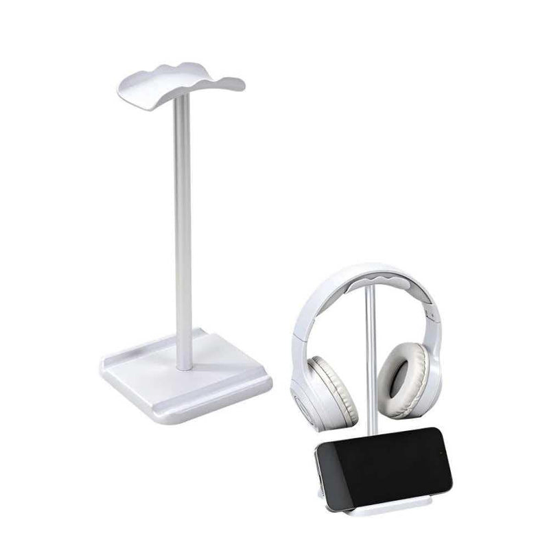 Headphone Stand for Desk, Headset & Earphone Holder with Phone Slot | Aluminum Pole, TPU-Padded Headrest, Anti-Slip ABS Base, Universal for Gaming & Office, Compatible with All Headphones White 1