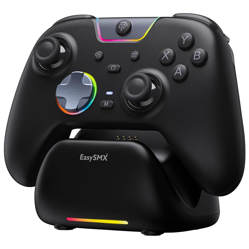 EasySMX X05Pro Wireless PC Gaming Controller with Smart Charging Dock | Hall Effect Joysticks, Full Quiet Buttons, Dual-Stage Linear Triggers, 8-Way D-Pad, PC/Android/iOS/Switch Compatible, Black
