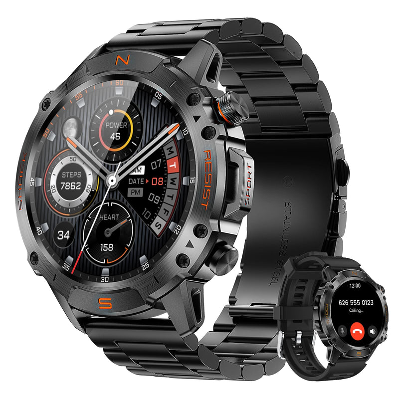 WalkerFit Rugged Smart Watch for Men, 1.43" AMOLED 5ATM Waterproof, 2 Bands | Bluetooth Calling, Fitness Tracker, 15-Day Battery, 178+ Sports Modes, Heart Rate, Sleep & SpO2 Monitor, For Android & iPhone Black