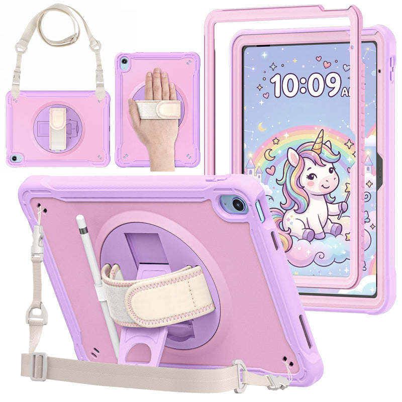 ProCase Kids Case for iPad A16 11th Gen 11" 2025/iPad 10th Gen 10.9" 2022 with Screen Protector, Fully-Body Shockproof Rugged Protective Cover with Rotatale Stand Hand/Shoulder Strap -Purplepink Purplepink