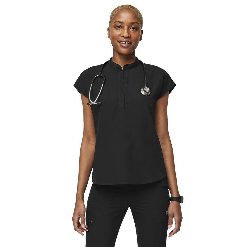 FIGS Rafaela Oversized Scrub Top for Women — Mandarin Collar, Shirttail Hem, 3 Pockets, 4-Way Stretch Small Black 3.0