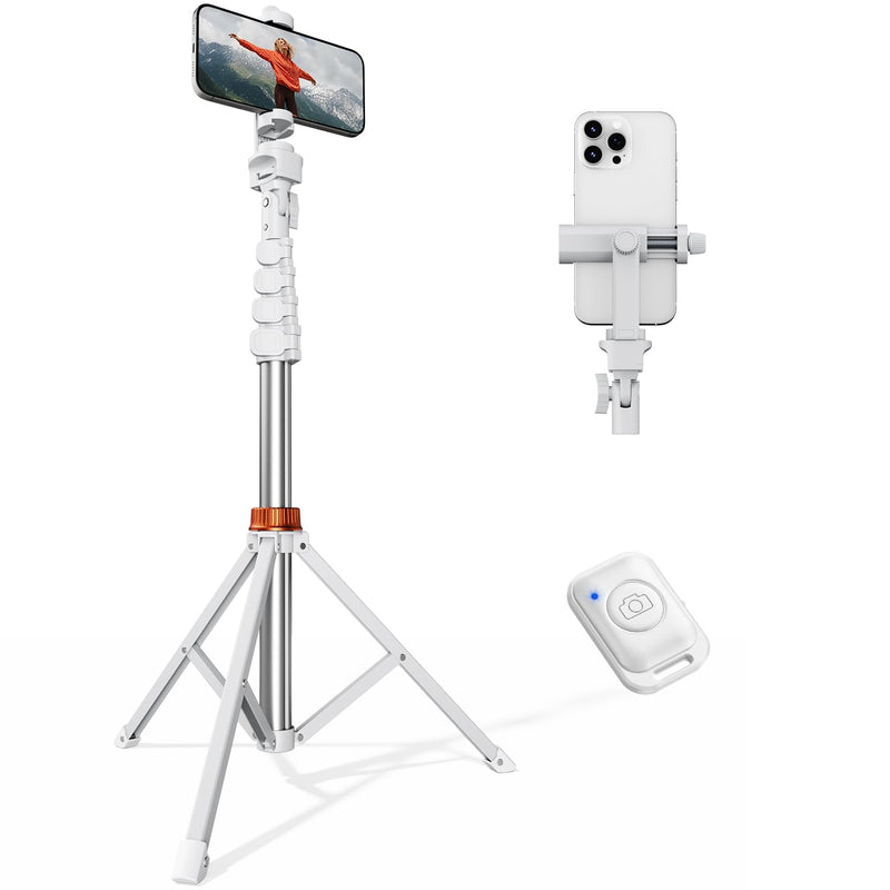 VIMOSE 66" Phone Tripod, Tripod for iPhone with Remote & Phone Stand | Extendable Cell Phone Tripod for Video Recording, Ultimate Tripod & Monopod Accessories for iPhone/Android, Monza White 66-inch