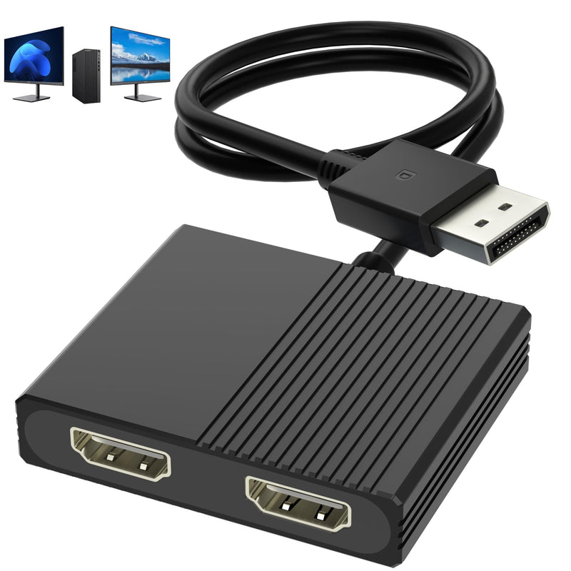 HDMI Splitter Extended Display, DisplayPort to Dual HDMI Adapter for 2 Monitors, DP Source to HDMI Splitter 1 in 2 Out, Display Port Splitter MST Hub for Desktop Laptop NVIDIA AMD Graphics Card Black