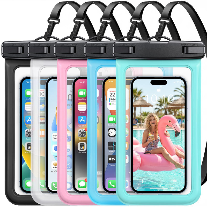 5 Pack Waterproof Phone Pouch, IP68 Waterproof Phone Case Up to 8.3" | Touchscreen, Underwater Photography, Cell Phone Dry Bag for iPhone 17 16 15 Pro Max, Beach Cruise Essentials 2026 5 Pack, Black+Pink+Green+Bule+Clear