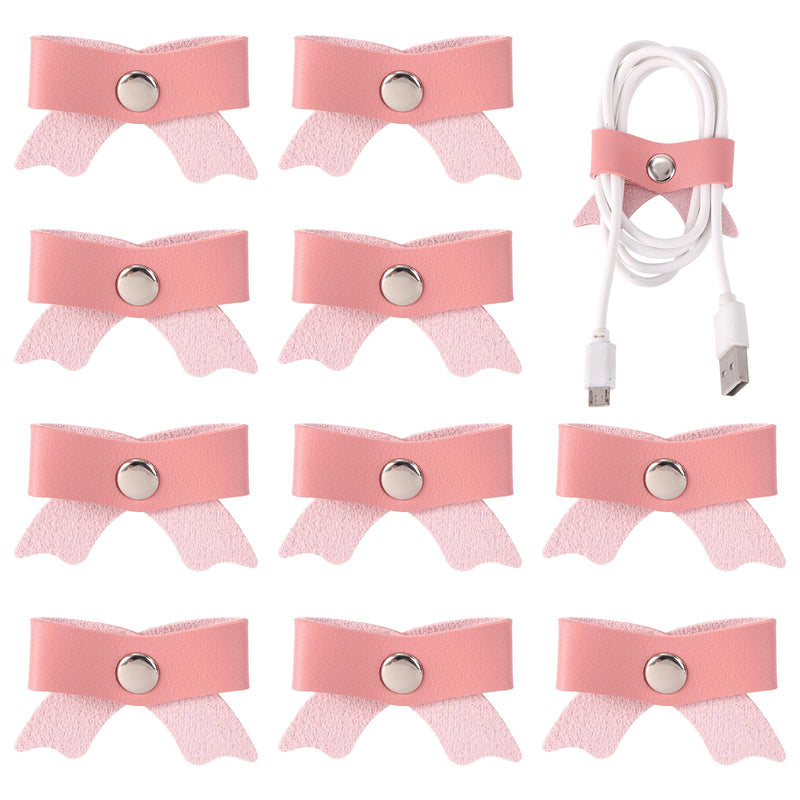 10pcs Pink Bow Cord Organizers, PU Leather Cable Holder Straps Bowknot Electronic Device Cord Management Ties for Storing Chargers and Earphones
