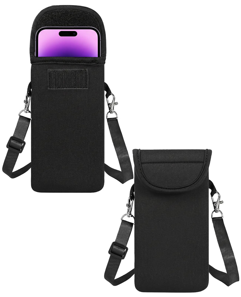 2-Pack Neoprene Cell Phone Pouch with Neck Lanyard, Fits 6.7" Black | Soft neoprene pouch, fits 6.21-6.6 inch phones with slim cases, neck lanyard, for daily hands free carry