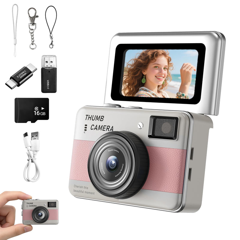 Mini Keychain Camera - HD Thumb Camera, 1.47-inch Flip Screen | Multiple Shooting & Recording Modes | Portable Digital Camera with SD Card for Travel, Party | Ideal Fashion Pendant Gift pink and white