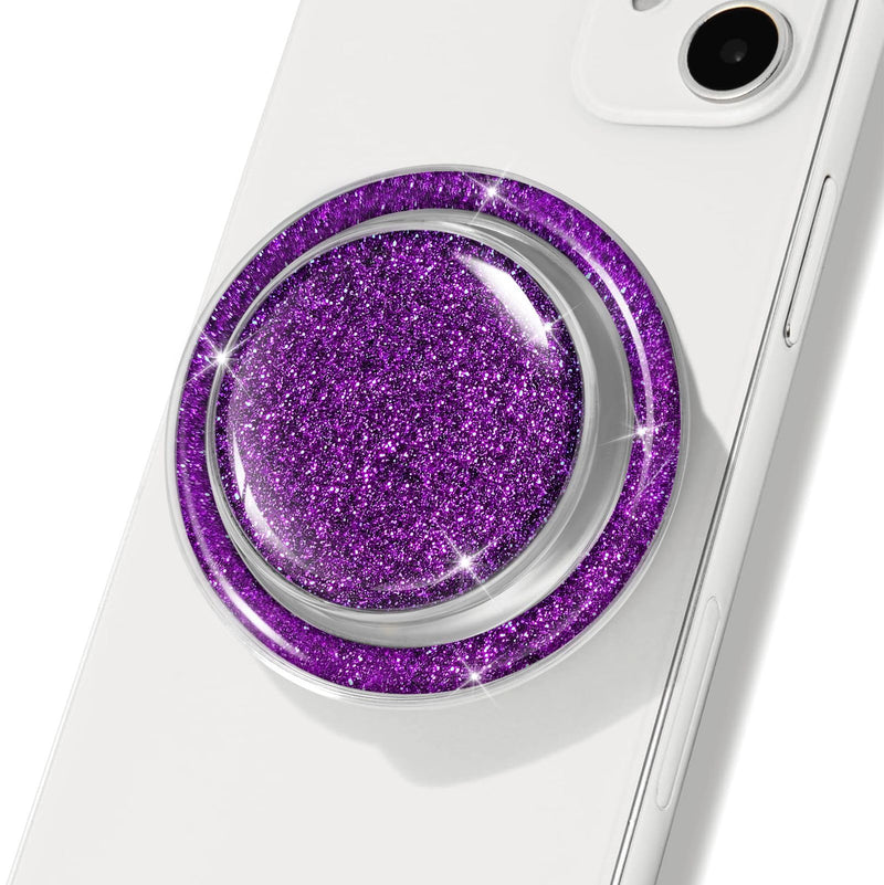 Magnetic Glitter Phone Holder Compatible with Phones, Foldable Phone Grip Stand for Magsafe Smartphones, Tablet,Phone Case - Transparent Purple Sparkly