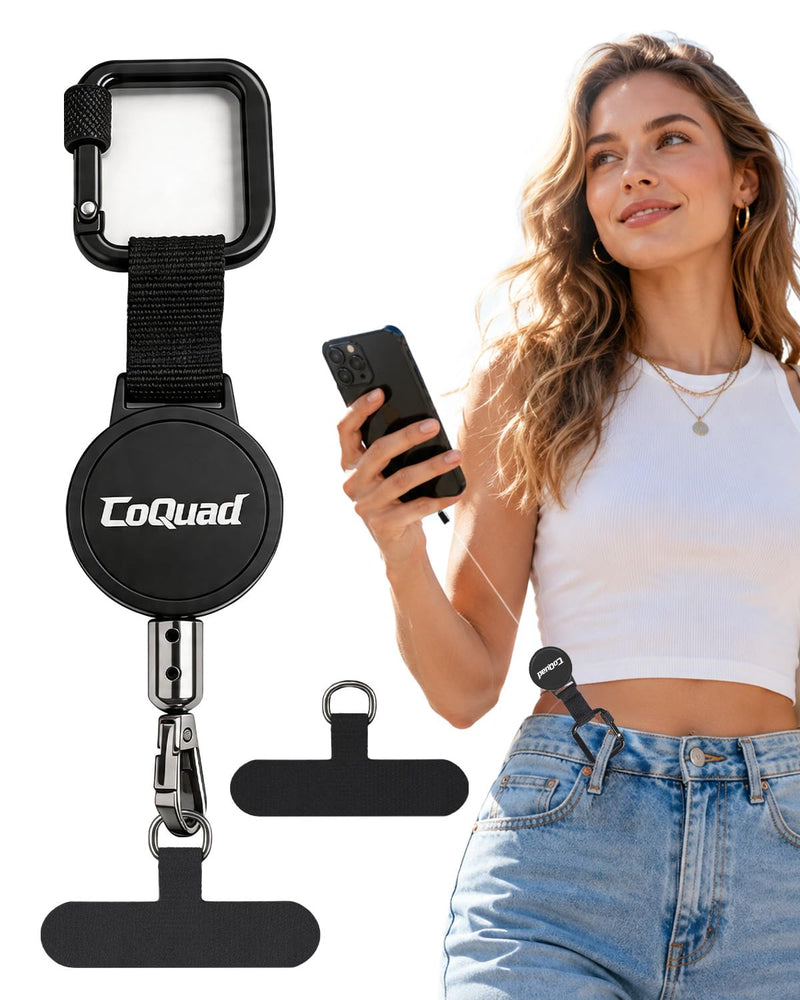 Anti-Theft Phone Tether, Phone lanyard - Universal Adhesive Anchor, Retractable Steel Line and Locking Carabiner Black