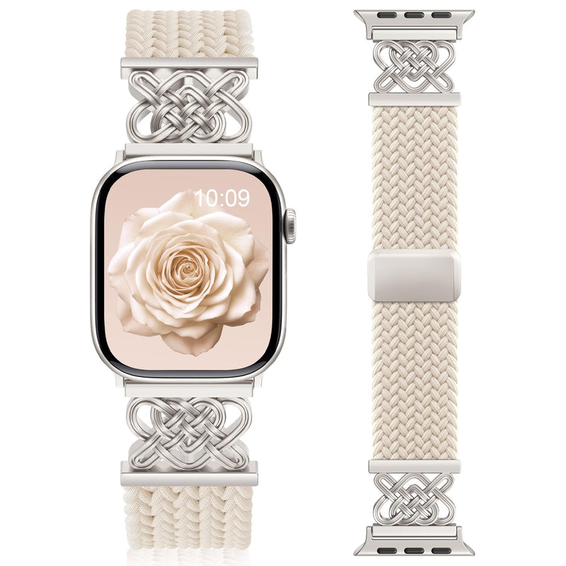 Braided Stretchy Band for Apple Watch Bands 38mm 40mm 41mm 42mm Women Men | Celtic Love Knot Metal, Magnetic Clasp, Nylon Elastic Straps for iWatch Series 11 10 9 8 7 6 5 4 3 2 1, SE 3/2/1, Ultra 3/2/1 Starlight/Starlight