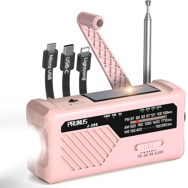 PRUNUS J-366 Emergency Radio with 3 Charging Cables, NOAA Weather Alert | 7400mWh/Solar/Hand Crank/USB-C Charging, Battery Operated, WB/AM/FM, SOS Alarm, Flashlight, Compact for Bag, NOAA Radio Pink