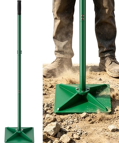 Heavy Duty Steel Hand Tamper, 8"x8" Soil Plate Compactor with 44" Adjustable Handle & Rubber Grip, Anti-Loose Ladscaping Tools for Ground, Gravel, Dirt, Sand, Asphalt, Pavers, Blacktop, Green