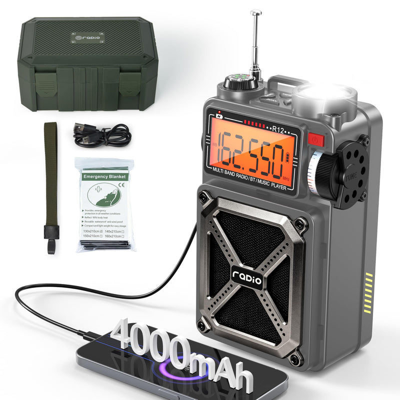 RunningSnail Solar Hand Crank Emergency Radio, NOAA Weather Alert, AM/FM/SW | Digital Tuning,Bluetooth Speaker,TF Playback,Flashlight,Compass,SOS,4000mAh,Thermal Blanket,USB-C Charging,for Emergencies Grey