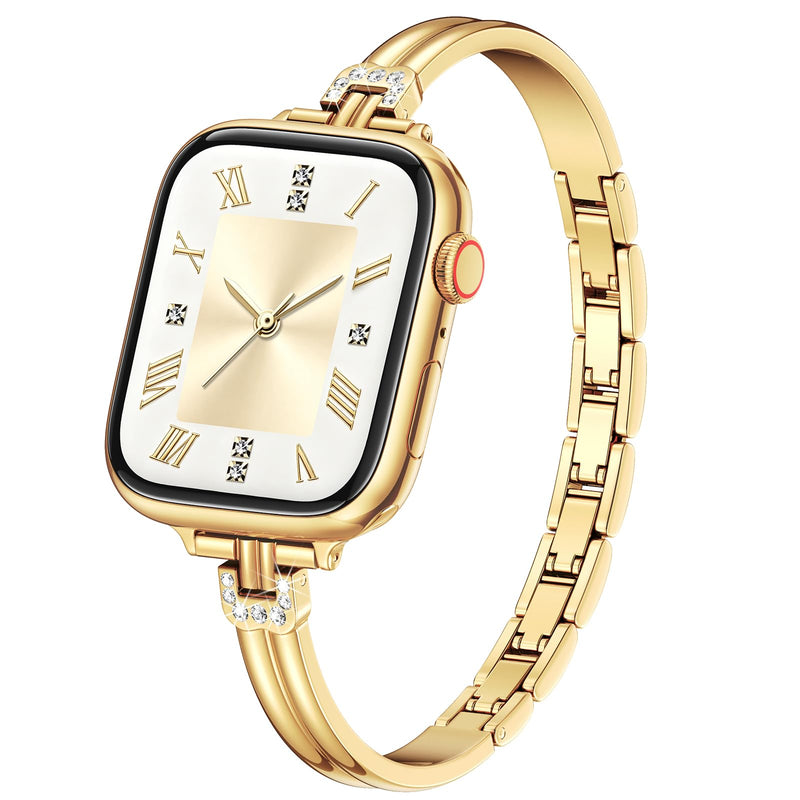 AIRSPO Slim Band Compatible for Apple Watch Bands for Women 38mm 40mm 41mm 42mm,Thin Metal Strap Dressy Jewelry Bracelet with Bling Diamond for iWatch Bands Series 11 10 9 8 7 6 5 4 3 SE 2 1 (Gold) Gold 38mm/40mm/41mm/42mm(Series 10 11)