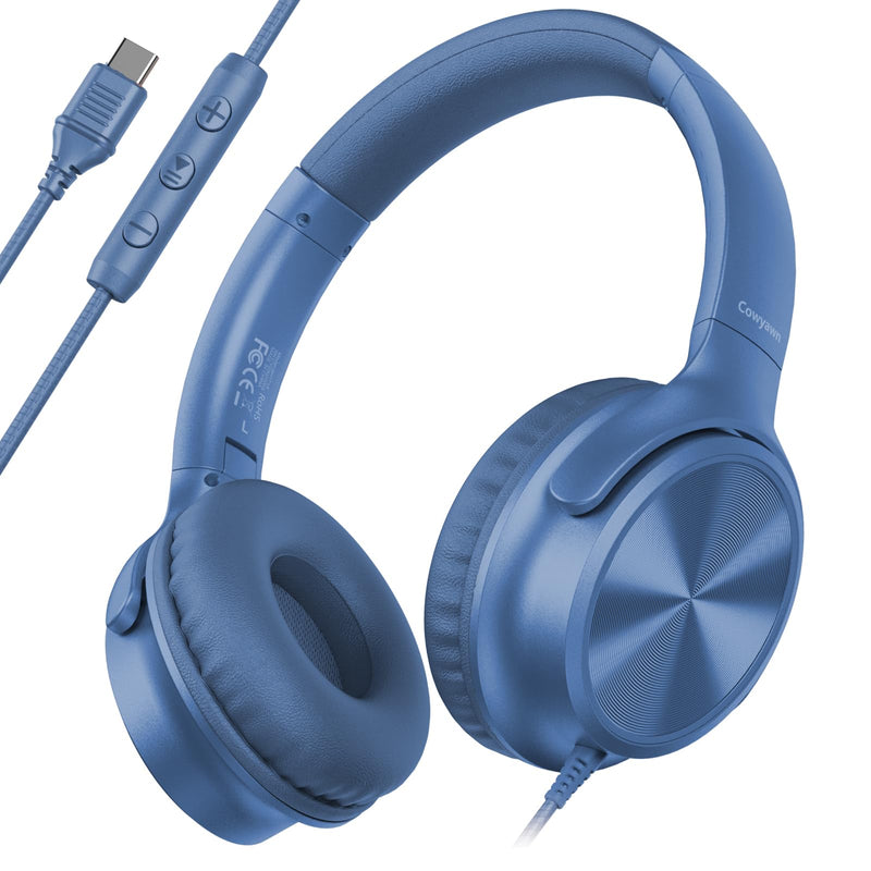 Cowyawn USB C Headphones Wired, Over Ear USB C Wired Headphones with Microphone, Volume Control, HD Stereo Sound, Foldable USB Type C Headphone for Adult/Teens/Laptop/Computer/iPhone 15/16/17, Blue