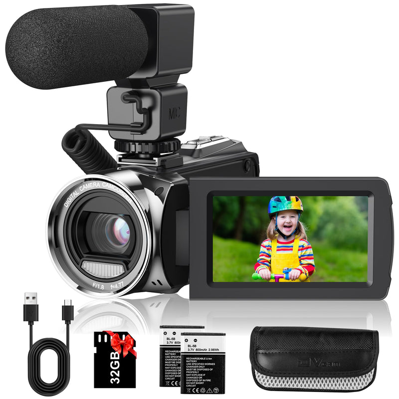 Video Camera Camcorder Digital Camera Recorder for YouTube Full HD 1080P 30FPS 36MP 3.0" 270゜Rotation LCD Video Cameras for Filming with Microphone,32GB SD Card, 2 Batteries for Kids Students Elderly