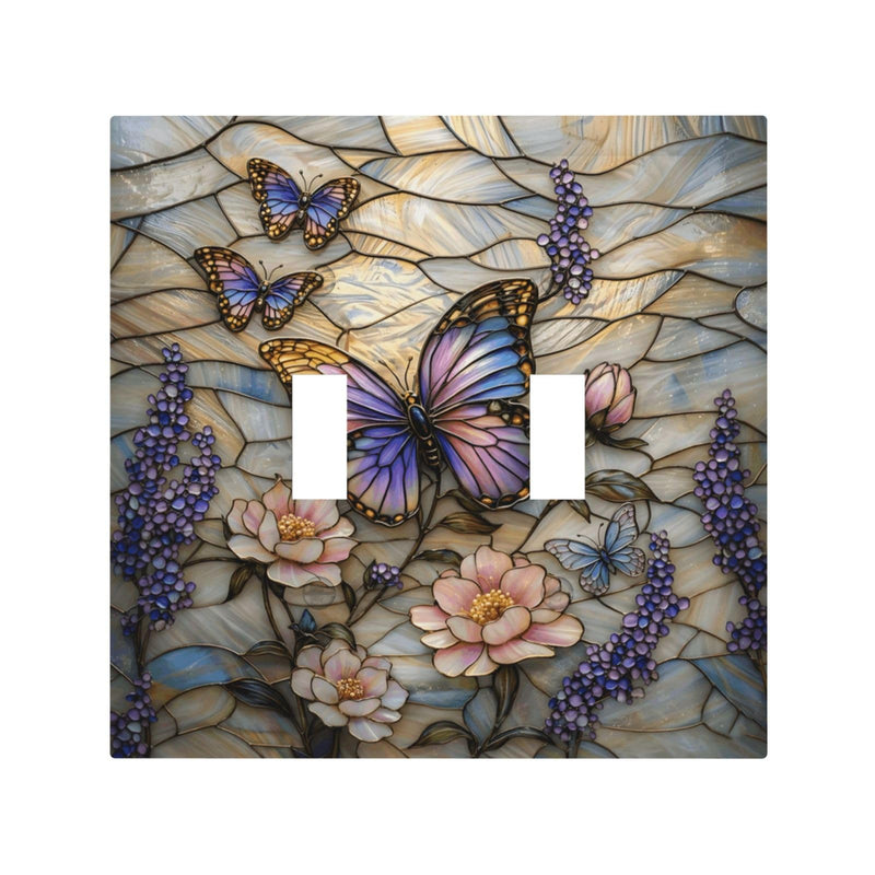 Stained Glass Butterfly Pattern Double Toggle Wall Plate Switch Decorative Panel Electrical Socket Plate Suitable For Bathroom Kitchen Living Room Bedroom Stained Glass Butterfly