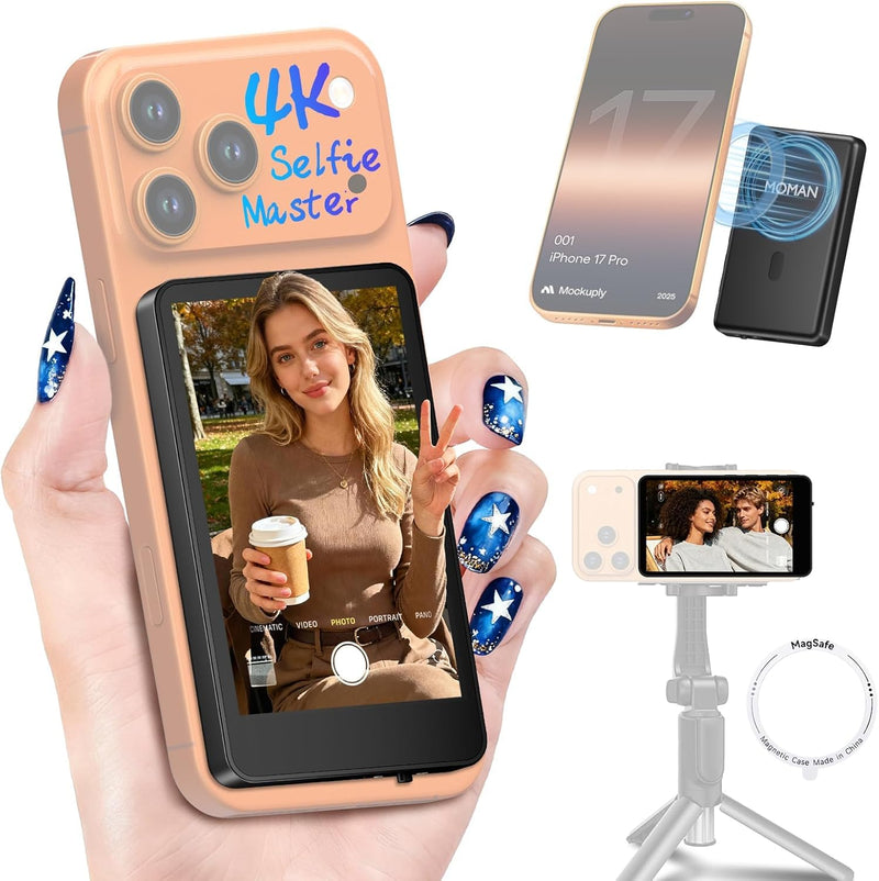 Moman Vlog Selfie Monitor Screen for iPhone 7-17 Series, 4K 60fps & Encrypted Private P2P Wireless, Magnetic Back Camera Monitor, 164 ft Range for TikTok, YouTube, Vlog Photo & Video Kits, Matte Black