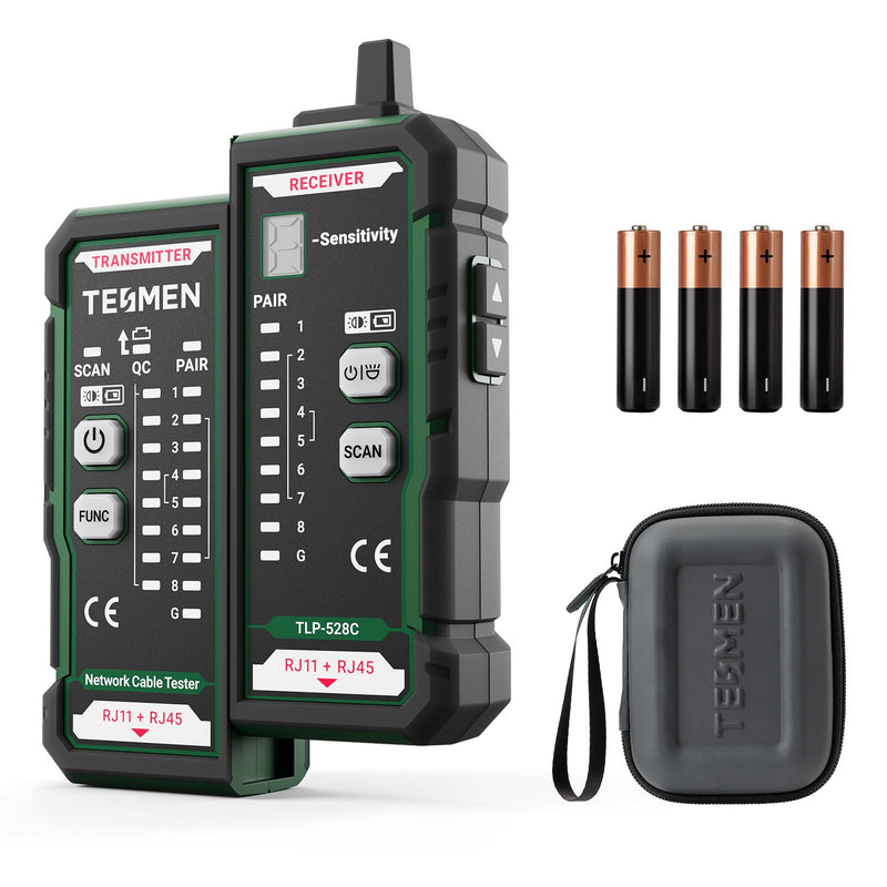 TESMEN TLP-528C Network Cable Tester, RJ11 RJ45, Ethernet Wire Tracer Toner for CAT5/CAT6 with Continuity & QC, LAN and Telephone line Finder, Suitable for Cable Maintenance and Sorting - Green