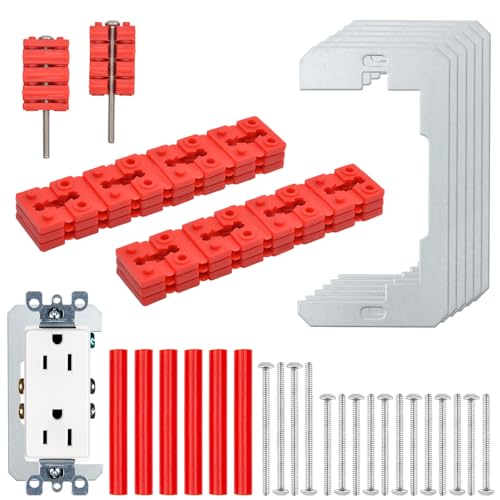 52PCS Outlet Spacer Kit -24 Stackable Spacers - 6 Metal Shims - 6 Cut-to-Size Tubes -16 Long Screws - Perfect Receptacle Shims for Fixing Loose -Sunken or Misaligned Electrical Outlets & Wall Switches Fiery Red