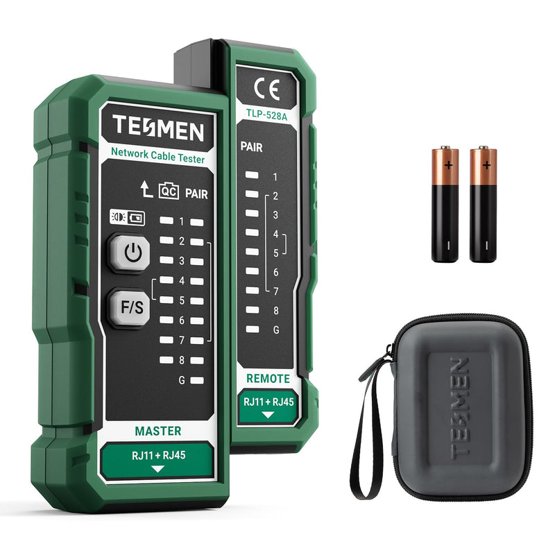 TESMEN TLP-528A Network Cable Tester for RJ11 RJ45, Ethernet Wire Tester for LAN & TEL Continuity and QC Test, for CAT5/CAT6/CAT7, Suitable for Cable Maintenance and Sorting - Green