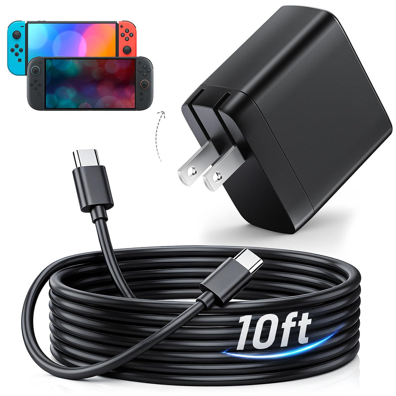 10ft Switch 2 Charger, 65W AC Power Adapter for Nintendo Switch 2/1 | Fast Charger for Console in 2.5H, Foldable Plug, Docked TV Mode, Long Charging Cable for Switch OLED/Lite, Built-In Safety