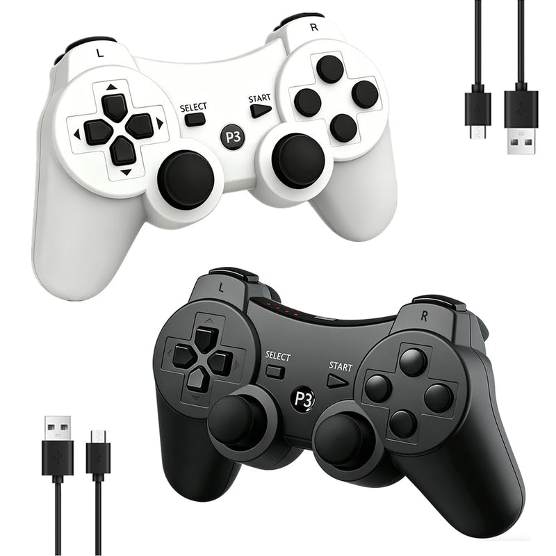 MOVONE wireless Controller for ps3 Rechargeable Game Wireless Controller 2Pack with2 Charging Cables, Compatible with Playstation3 White+black