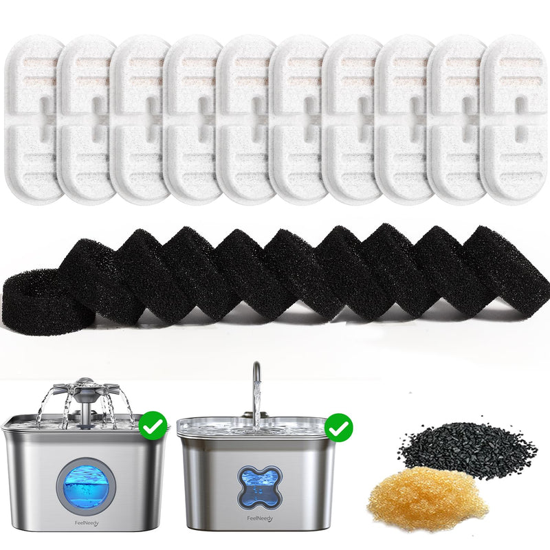 10 Pack New Version Replacement Filters + 10 Pump Sponges for Feelneedy Stainless Steel Cat Water Fountain [FN-W22]/[FN-W22X] - 99oz/2.8L Pet Water Fountain Filters 10 Filters and Sponges