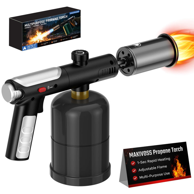 Propane Torch Gun & Weed Burner Torch - Adjustable Flame Thrower Gun with Safety Lock & One-Touch Max Fire, Cooking Blow Torch for Searing, Charcoal Starter, BBQ & Weeding (Tank Not Included)