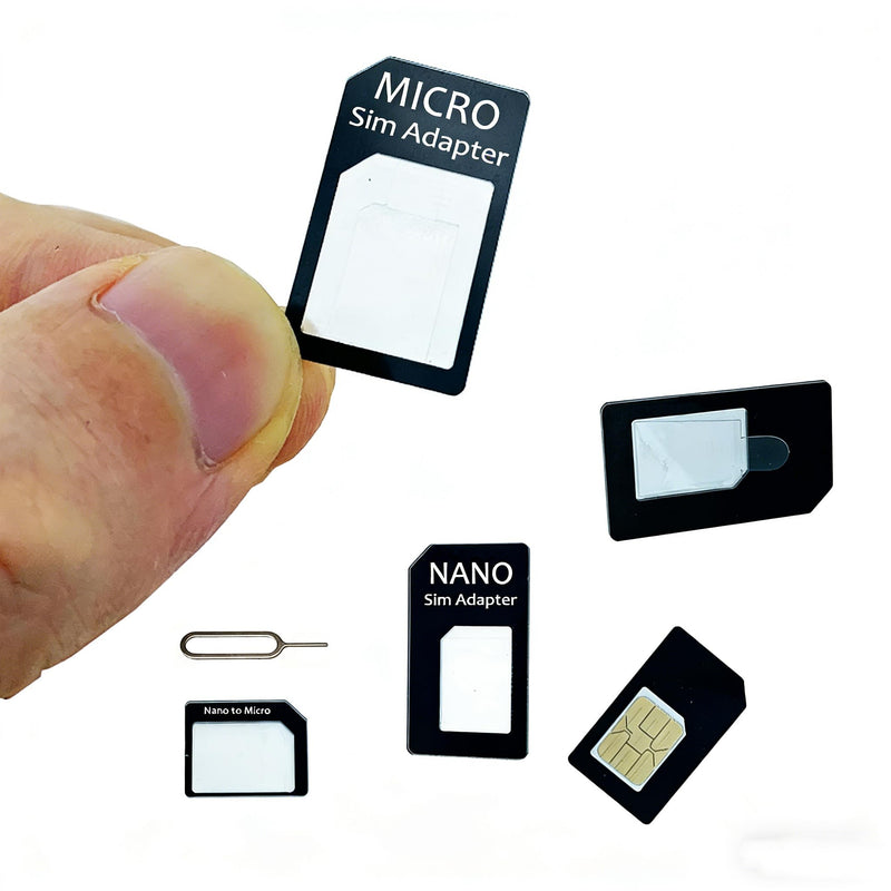 Sim Card Adapter Nano Micro - Standard 4 in 1 Converter Kit with Steel Tray Eject Pin (Black) Black