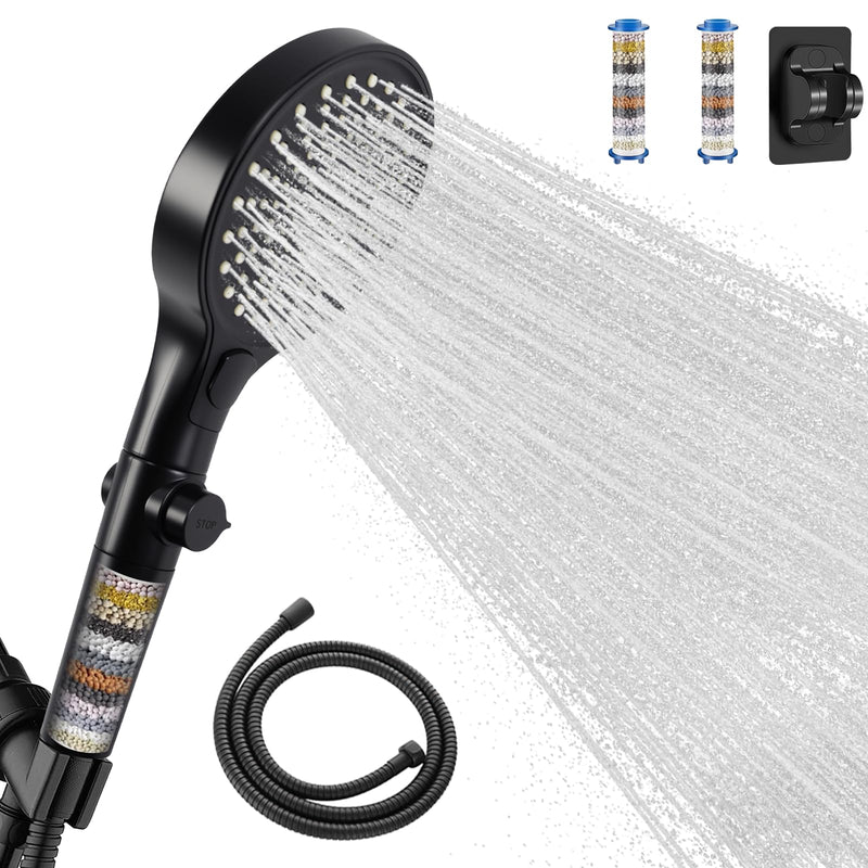 Filtered Handheld Shower Head with Hose and Holder, 5.1" Large High Pressure Shower Wand with 2 Extra Filters, Reinforced Matte Black Showerhead Set for Hard Water, 3 Spray Modes & One-Key Pause