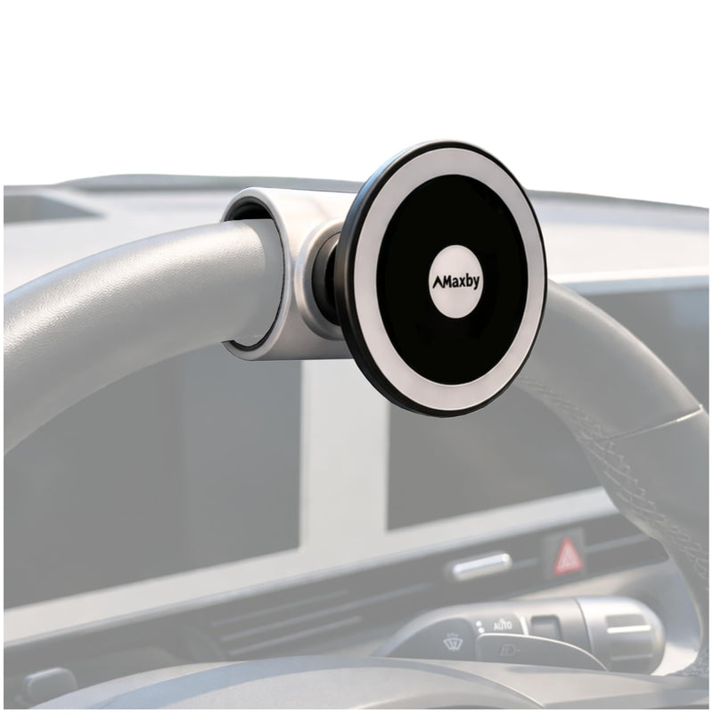 Maxby Steering Wheel Phone Holder with Magnetic Mount for Parked Use | Magnetic mount installs in seconds; 360° rotation enables hands-free viewing for calls, videos and meals while parked.