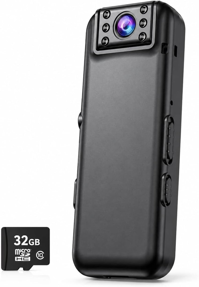 2K Body Camera with 15H Battery, 180° Rotating Lens, Auto Image Flip, Wearable POV Camera with 32GB Card, Magnetic Clip & 1/4 Mount for Cycling, Travel, Vlogging & Outdoor Adventures