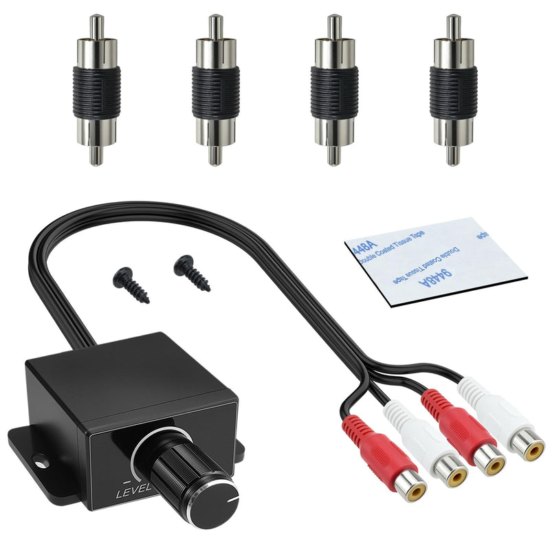 1Set Universal Car RCA Level Controller Amplifier, Audio Level Bass Boost Volume Control Knob with 4 RCA Male Connector and 1 Foam Tape for Car Motorcycle Speakers Home Theater 1 SET