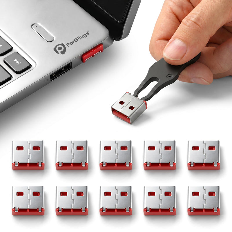 USB A Port Blockers 10 Pack, Two Point Zinc Alloy Locks, 1 Key, Red | Two point locking design, zinc alloy construction, helps deter unauthorized USB access, removable with included key Red - 10 Pack
