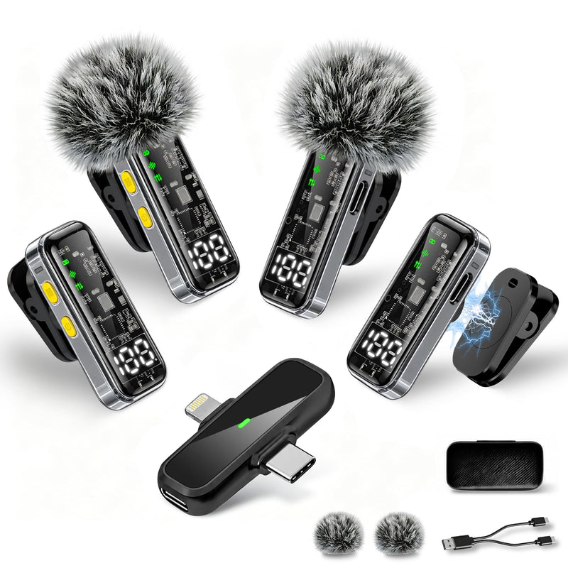 4-Pack Wireless Mini Lavalier Microphones for iPhone Android iPad | Noise Reduction & LED Digital Display, Magnetic Mini Mic for Video Recording Vlogging YouTube Podcast Interview Black