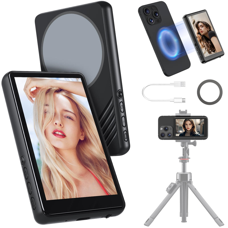 Back Camera Monitor iPhone,Newest Magnetic Phone Vlog Selfie Monitor Screen for Content Creator,Influencer and TikTok,Live Streaming,Compatible with iPhone & Android, Black