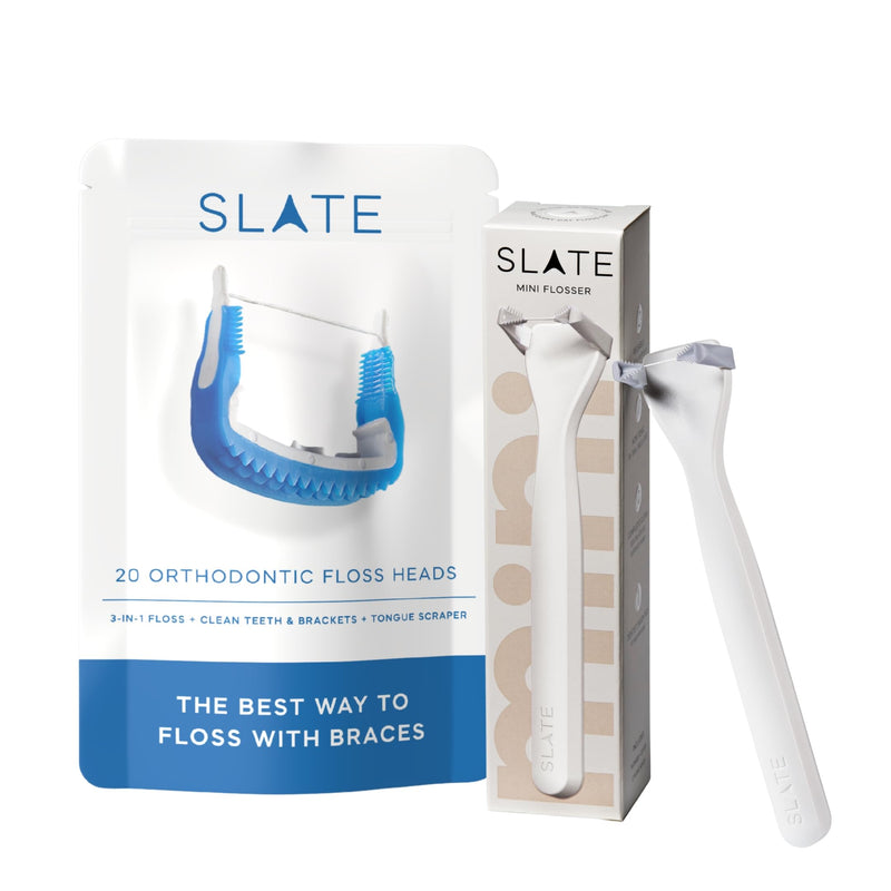 Slate Flosser Mini - Orthodontic Braces Bundle | 3-in-1 Dentist-Invented with Reusable Floss Heads, Gum Brushes & Tongue Scraper | More Effective Than String or Water Floss