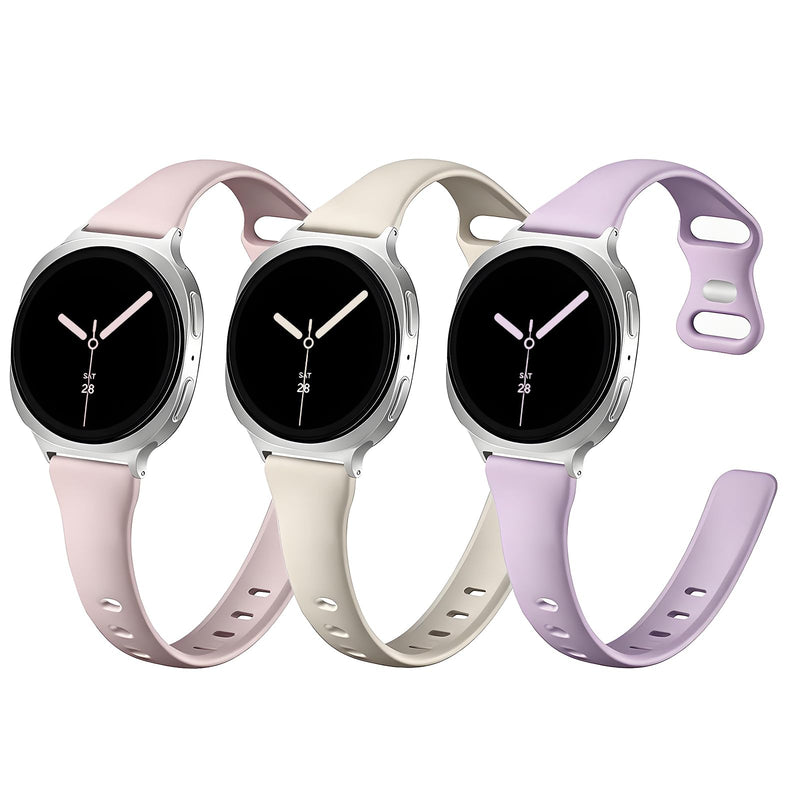 Slim Band for Samsung Galaxy Watch 9/8 40mm/44mm/8 Classic 46mm | Thin Soft Silicone,Breathable and waterproof, Suitable for sports, Leisure and Daily life Pink+Apricot color+Light Purple